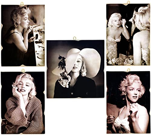 KUSTOM ART Set mit 5 Bildern, Vintage-Stil, Hollywood-Schauspieler, Marilyn Monroe, Druck auf Holz 18 x 25 (4) und 23 x 23 (1) cm. Möbel für Kosmetiker, Schönheitssalon, Parfümerien