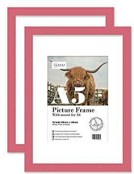 Almost Frameless A5 Pink Picture Frame Set of 2, Display A6 Pictures with Mount or A5 Without Mount Gallery Wall, Poster, Photo, Artwork, or Print, Pink