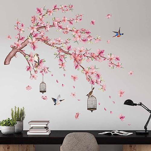 PinkEleph® Pink Magnolia Flower Wall Stickers - Cherry Blossom Floral Tree Branch Birds Wall Decals - Living Room Bedroom TV Sofa Background Family - Peel and Stick Wall Sticker
