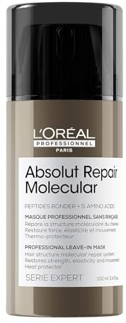 L'OREAL PROFESSIONNEL - Masque Réparateur & Thermoprotecteur Sans Rinçage Absolut Repair Molecular - Répare 2 Ans de Dommages en Une Application - +97% de Force - Cheveux Secs & Abîmés - 100 ml