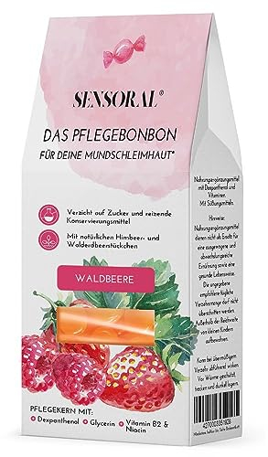 Sensoral Pflegebonbons | Pflege der Mundschleimhaut | Lecker & Wirksam: Pflegekern mit 20 mg Dexpanthenol pro Bonbon + echte Himbeer- & Walderdbeerstückchen | Zuckerfrei