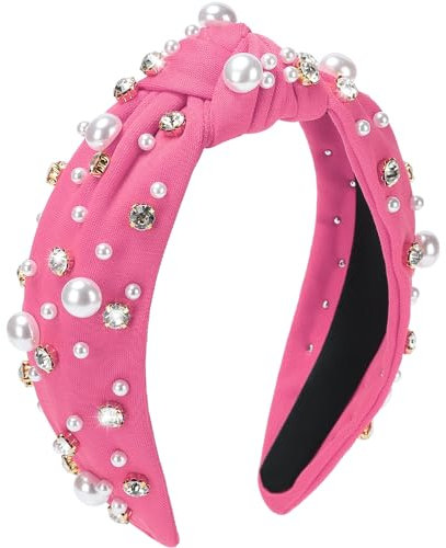 WantGor Pearl Knotted Headband, Women Rhinestone Embellished Hairband Elegant Wide Top Knot Bride Headbands Headpieces Party Fashion Elegant Ladies Hair Band Hair Hoop Accessories (Hot Pink)