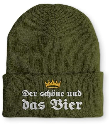 Strickmütze Der schöne und das Bier Mütze Wintermütze lustige Beanie mit Stick, Farbe: Olive
