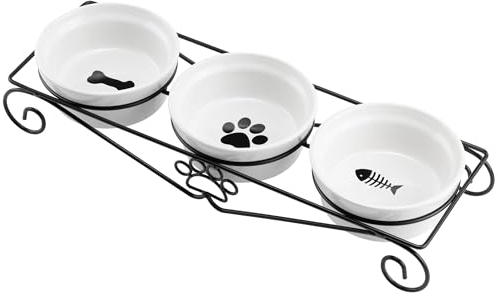 Navaris Gamelle Triple Chat Chien - Gamelle Céramique avec Support en Métal Antidérapant - 3X Bol 350mL pour Croquettes Eau Pâté - Design Noir et Blanc