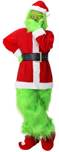 Fehodun 7 Teiliges Grinch Weihnachtskostüm,Grinch Kostüm für Erwachsene Grünes Monster Kostü Halloween Weihnachten Kostüm Cosplay Requisiten (M)