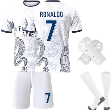 Pardofelis Fußball Trikot für Kinder, Trikot Nr. 7 Fußballtrikots Fussball T-Shirt Shorts Socken und Schienbeinschoner Set, Outdoor Football Jersey für Junge Anzug (Weiß, 28)