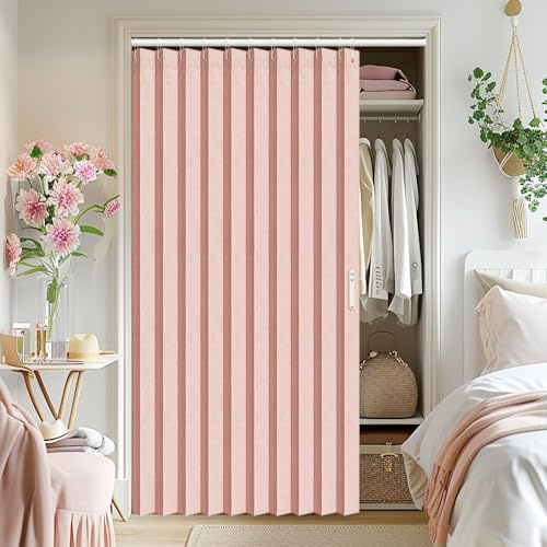 Vatge Türvorhang im Akkordeon-Stil, rosa Schrankvorhang für offene Schränke, 203 cm langer Raumteiler für Mädchenschlafzimmer, 1 Vorhangbahn mit Raffhalter, B 132 x L 198 cm, Rosa