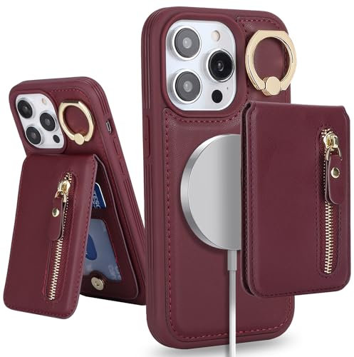 SailorTech iPhone 13 Pro Max Phone Leather Case with Credit Card Holder Magsafe, iPhone 13 Pro Max Case Ring Stand with Kickstand Card Slots Wallet Detachable 2-in-1 Zipper Case - Burgundy