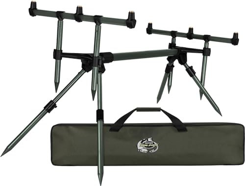 normani Rutenhalter Rod Pod Aluminium Angelständer Rutenauflage - Verstellbarer Rutenständer für 3 Ruten mit Teleskopfüßen und Transporttasche Farbe Oliv