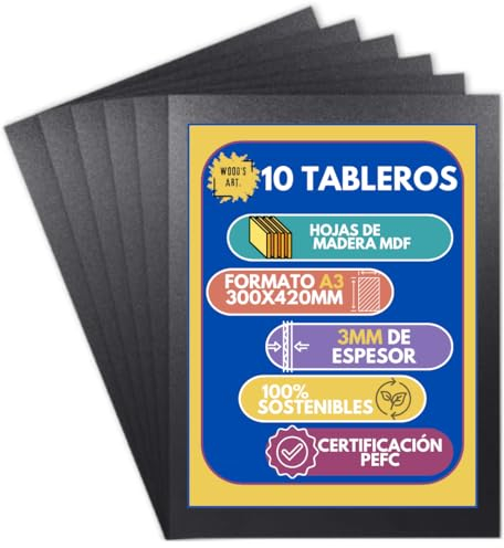 Wood's Art - 10 Stück schwarze MDF-Platten - Größe A3 (300 x 420 x 3 mm) - Ideal für Laserschneiden, Basteln, Brandmalerei, Schneiden, Modellieren