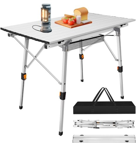 3ft Aluminium Rollup Lightweight Folding Camping Table Adjustable Height Picnic Tables Folding Outdoor Collapsible Table, Portable Foldable Table with Storage for Beach Fishing Garden BBQ (Silver)