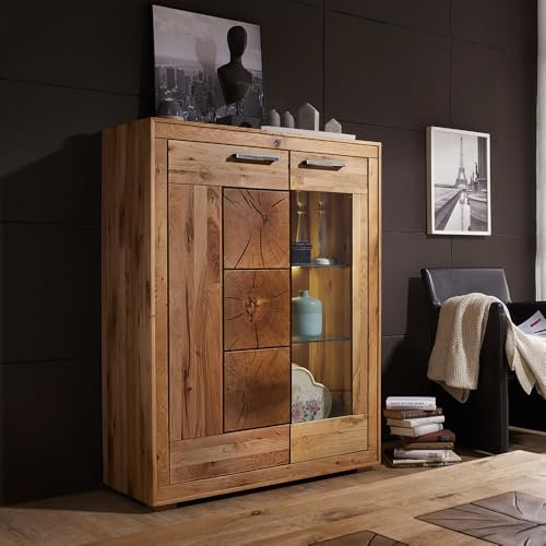 Lomadox Wohnzimmer Esszimmer Vitrinenschrank Highboard 103cm breit, Wildeiche massiv geölt, montiert