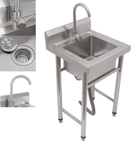 DAOHHFO Edelstahl Spülbecken 50×50×90 CM Freistehende Spültisch Außenbereich Edelstahl Outdoor Küche Spühle Mit Warm- und Kaltwasserhähnen, Abfluss, für Restaurants, Küchen, Outdoor