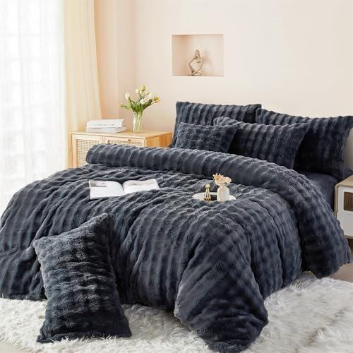Boqingzhu Plüsch Bettwäsche 135x200cm Grau Blaugrau Uni Einfarbig Kuschelig Flauschig Warm Winter Flanell Fleece Wende Bettwäsche Set Kaninchen Kunstfell Bettbezug und Kissenbezug 80x80cm