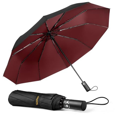 TechRise Parapluie Pliable, Parapluie Automatique Compact Coupe-vent avec 10 Baleines, Ouverture et Fermeture Automatiques à un Seul Bouton, Parapluie Portable pour Hommes et Femmes, Rouge et Noir