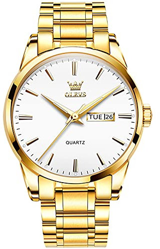 OLEVS Armbanduhr Herren Luxus Gold Edelstahl Armbanduhr Großes Handgelenk Weiß Zifferblatt Business Kleid Uhren Minimalist Leicht Zu Lesen Wasserdicht Tag Datum Quarz Uhr Herren