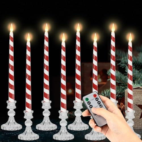Lonfliness 8Pcs 10in Christmas Flameless Taper Candles Sticks with Remote & Timer Battery Operated 3D Flickering Glitter Candy Cane Candlesticks LED Xmas Candles for Holiday Party Decor (Glitter)