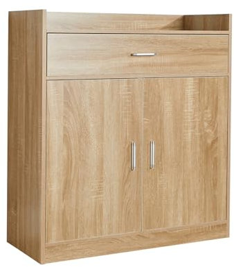 Home Source Shoe Cabinet, 2 Door 1 Drawer Storage, Compact Hallway Cupboard Organiser, Footwear Rack Stand, Wooden Sideboard, Oak Effect