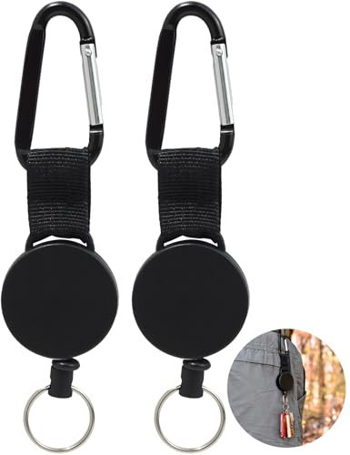 Greacesrio 2 Pcs Porteclés Rétractable, Dérouleur Badge, Mousqueton Avec Enrouleur Rétractable, porte clef retractable avec cordon en acier extensible de 60 cm (Noir)