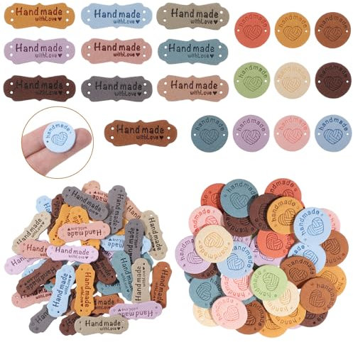 Jeffdad 80 Stück Handmade Label, PU Leder Label Nähen Hand Made Etikette mit Löchern Häkelzubehör für DIY Jeans Taschen Hut Handwerk Stricken Häkeln