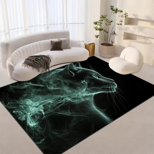 DUCAPE Schwarze Katze Teppich 180 x 280cm Rauchkatze Teppich Kurzflor Teppich Faltbar Retro Einfache Pflege Teppich InnentüR Wohnzimmer Schlafzimmer