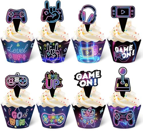 Nuenen 96 Pcs Video Game Cupcake Topper Decoration Gaming Game on Controllers Cupcake Picks Gamepad Cake Decorations for Boys Gamer Birthday Anniversary Party (Neon)