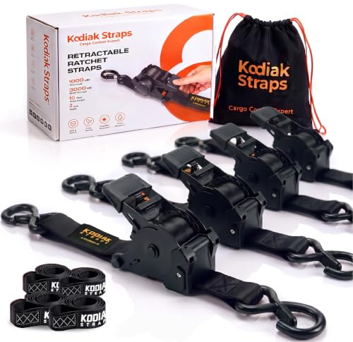 KODIAK STRAPS Lot de 4 Sangles d'arrimage à cliquet rétractables | 50 mm x 3 m avec Crochets en S | 1360KG Sangle a Cliquet Automatique | Sangles pour Moto, vélo, Bagages, remorque | Noir
