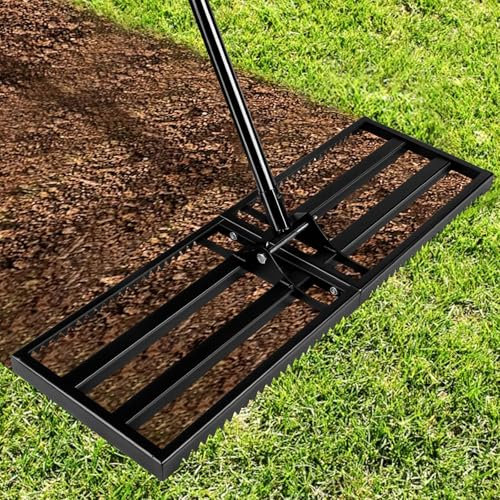 Rastrello per prato in acciaio inox, 76 x 25 cm, con manico telescopico e regolabile a 180°, spatola professionale per livellare prato, sabbia e ghiaia, resistente alle intemperie e stabile, per la