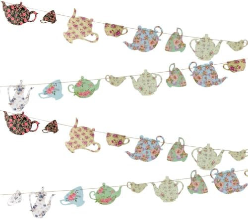 RKMYTR Vintage Tea Cup Floral Garland Bunting Banner Decorations - Elegant Vintage Banner for Alice in Wonderland Parties, Tea party, Weddings