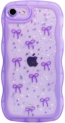 Qokey for iPhone 6/6S Case, Glitter Star & Curved Edge Handle Grip Design, Military-Grade Shockproof Clear TPU Cover, Sparkle Protection Scratch-Resistant, Holographic Purple Bow