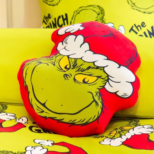OHS Grinch Cushion, Grinch Gifts Christmas Cushions Soft Comfy Stuffed Scatter Cushion Throw Pillow for Sofa Bed Christmas Decorations Plush Pillow Cuddle Pillow Xmas Gifts, Green/Red - 36 x 25cm