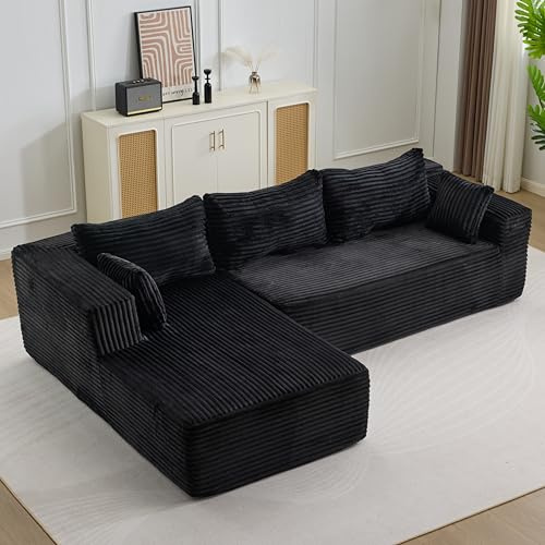 EINHOM Ecksofa L-Form Sofa mit 3 Kissen, Schlafsofa mit Schlaffunktion, Cord Modularesmit Couch, mit Armlehnen, Kombinierbares, Montagefrei, für Wohnzimmer, 279 x 179 x 82 cm (Schwarz)