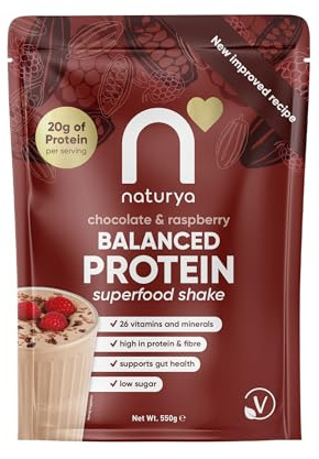 Naturya Balanced Protein Superfood Shake Chocolate & Raspberry 550 g – Plant-Based Complete Meal Shake with 20 g Protein, 26 Vitamins & Minerals, High Fibre, Low Sugar