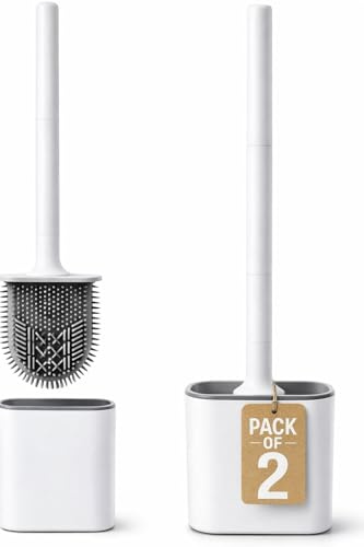 Toilet Brush 2 Pack, Silicone Bathroom Toilet Brush and Holder Set with Soft Flexible TPR Bristles, Long No-Slip Handle, Ventilated Quick-Dry Base and Removable Drip Tray (White)