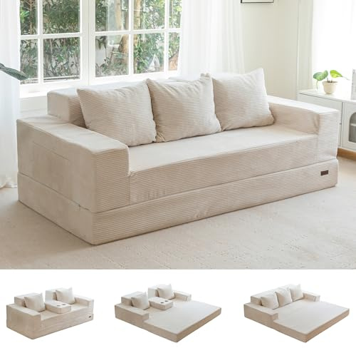 MAXYOYO Folding Sofa Bed, Corduroy Floor Couch with Cup Holder | Convertible Sleeper Sofa Bed with Cup Holder and Pillows, Lazy Compression Sofa for Living Room, Bedroom, Guest Room