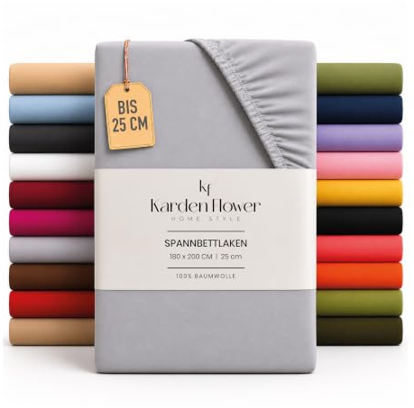 Karden Flower Jersey Spannbettlaken 160x200cm Grau - Spannbetttuch 100% Baumwolle, Bettlaken 160x200 Bis 25 cm Matratzenhöhe Grau