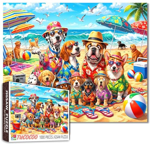 1000-teiliges Puzzle für Erwachsene, lustiges Hundemotiv, Familienszene mit Hunden, 1000 Teile, Spiel, Hundestrandparty-Dekoration, DIY-Bastelarbeit, Schlafzimmerdekoration, Tierpuzzle, 50 x 70 cm