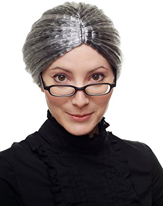 WIG ME UP - 69020-P103-68 Karneval Fasching Perücke Gouvernante Oma Großmutter Märchentante Schwarz + graue Strähnen streng
