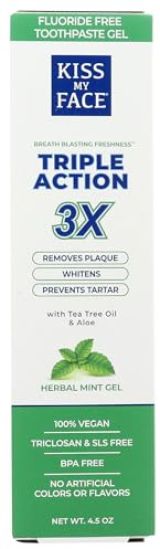 Kiss My Face Triple Action Herbal Mint Gel Toothpaste, SLS and Fluoride Free, Removes Plaque, Prevents Tartar, and Whitens Teeth, with Added Tea Tree Oil, No Artificial Colors Or Flavors, 4.5 oz