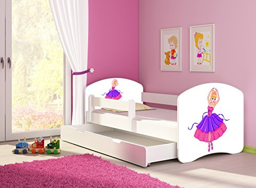 CLAMARO 'Fantasia Weiß' 140 x 70 Kinderbett Set inkl. Matratze, Lattenrost und mit Bettkasten Schublade, mit verstellbarem Rausfallschutz und Kantenschutzleisten, Design: 41 Prima Ballerina