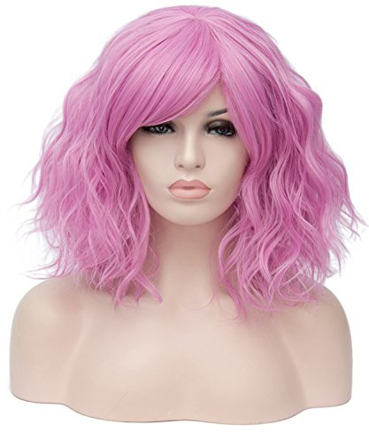 AMYHOME Damen Kurz Gelockt Perücke Lady Bob Perücken mit Fransen Synthetische Perücke mit Perücke Kappe für Frauen Cosplay Party Fancy Kleid, Pink