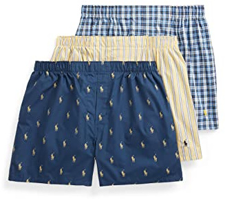 POLO RALPH LAUREN Men's Classic Fit Woven Cotton Boxers, Rustic Navy/Campus Yellow, Summer Stripe/Cruise Navy, Sag Harbor Plaid/Polo Yellow, Medium