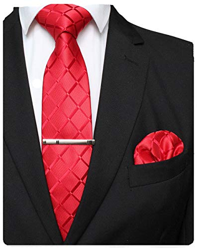 JEMYGINS Herren Hochzeit Krawatten-Set mit Karomuster und passendem Einstecktuch sowie Krawattenklammer - einfarbig in verschiedenen Farben erhältlich Rot