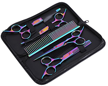 6-teiliges Haustier Hundepflege Schere Set, Regenbogen Edelstahl Grooming Trimmer Kit für Katzen und Hunde