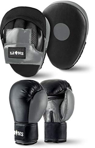 Lions Boxing Gloves and Pads Set - Sparring Gloves and Hook and Jab Pads Focus Punch Bag Mitts, Ideal for Martial Arts Mma Muay Thai Gym, Men Women Kids Boxing Set (10oz, Grey)