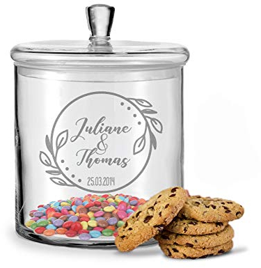 GRAVURZEILE Leonardo Keksglas mit Gravur - Keksdose Bonbonglas mit Deckel - Vorratsdose personalisiert mit Namen & Datum - Geschenk für Paare, zur Hochzeit als Geldgeschenk Farbe Blumenkranz
