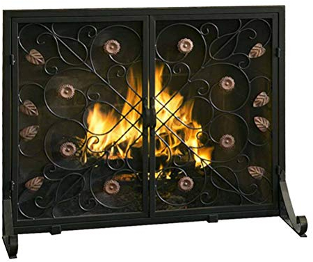 Kaminschutz ABL Doppeltür Eisen Kamin Bildschirm, Retro-Muster Funkenschutz Net Cover, Kinder-Haustier-Sicherheitszaun, 97X78CM