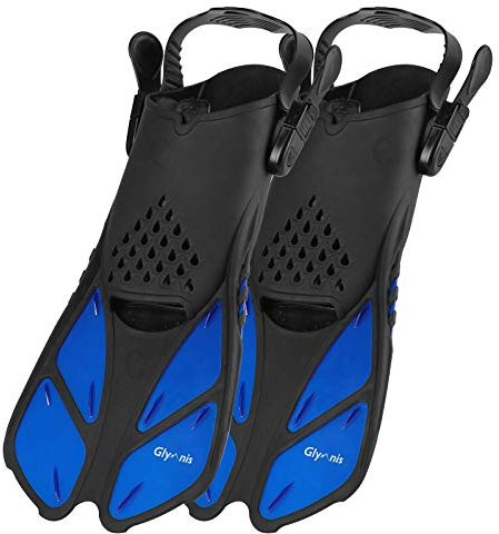 Glymnis Schnorchelflossen Verstellbare Flossen Schwimmflossen für Erwachsene und Kinder Kurze Tauchflossen zum Tauchen Schwimmen Schnorcheln (Schwarz/Blau, S/MD)