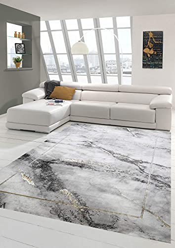 Teppich-Traum Design Bettumrandung | Öko-Tex | Marmor Muster grau Gold Größe 80x150 cm