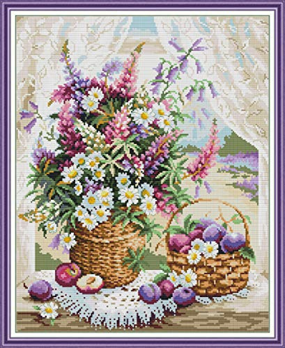 14CT vorgedrucktes DIY gestempeltes Kreuzstich-Stickset, komplette Reihe von Anfänger-Starter-Kits - Fensterbank-Blumenkorb 40 x 48 cm